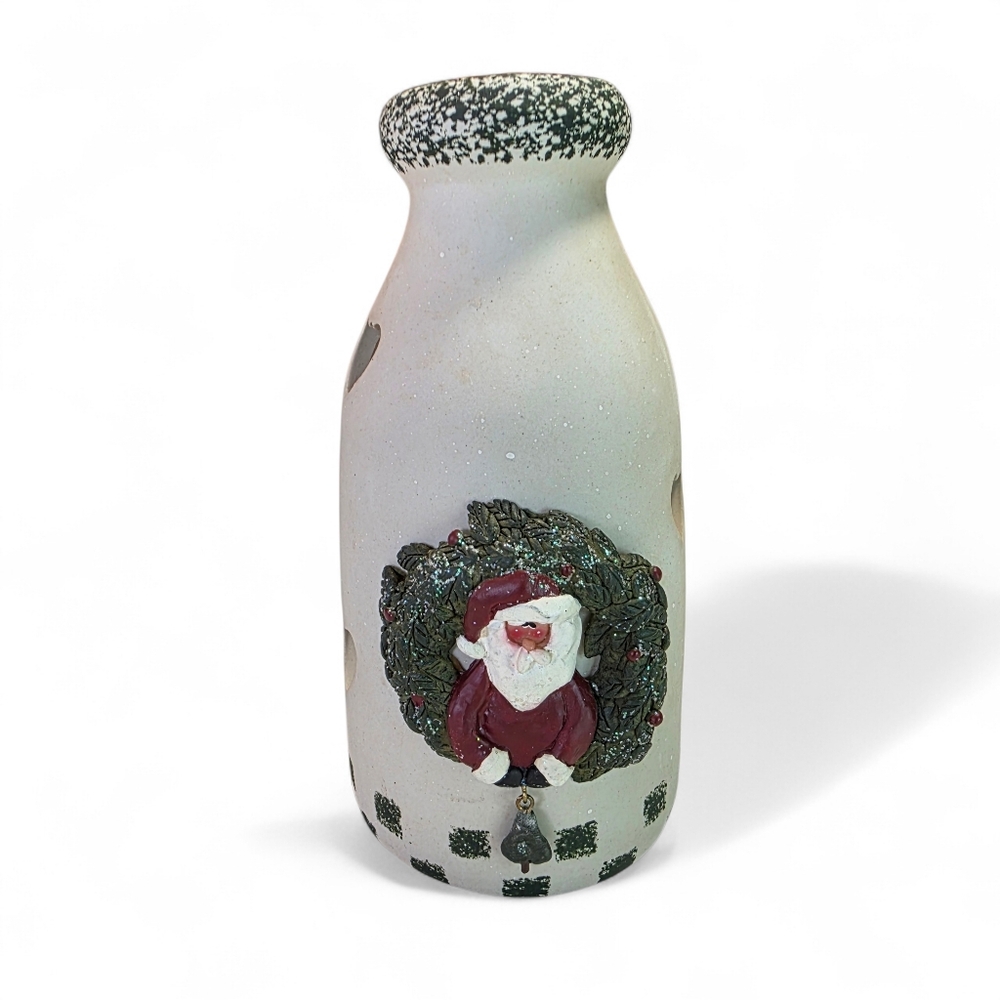 Vintage Ceramic Milk Jug Lantern With Santa And Bell EUC